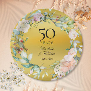 Floral Garland Gold Foil 50th Wedding Anniversary Paper Plate