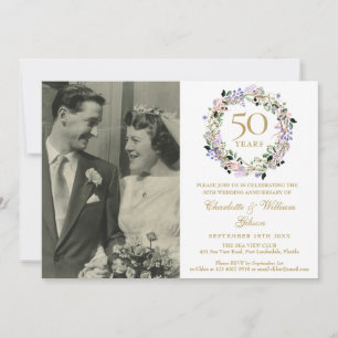 Floral Garland Photo 50th Wedding Anniversary Invitation