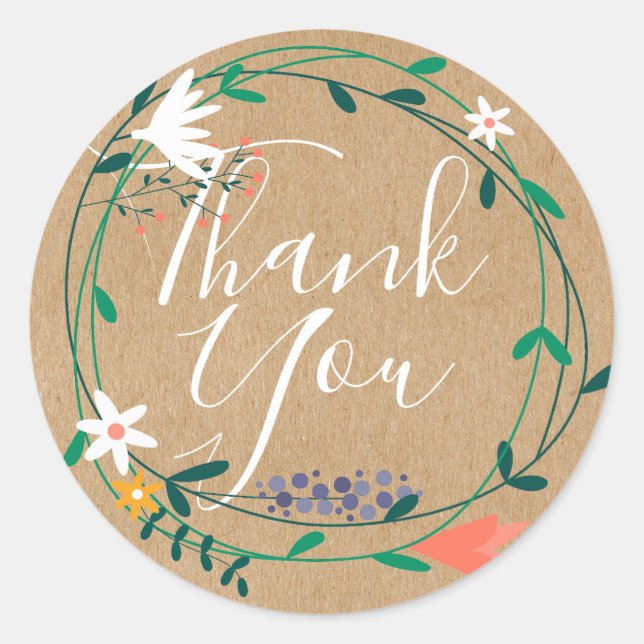 Floral Garland Script Thank You Rustic Kraft Boho Classic Round Sticker (Front)