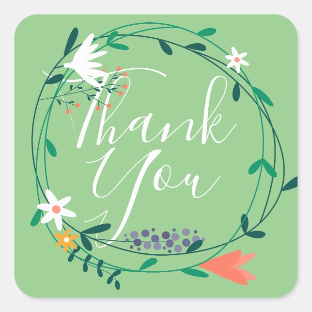 Floral Garland Script Thank You Square Sticker (Front)