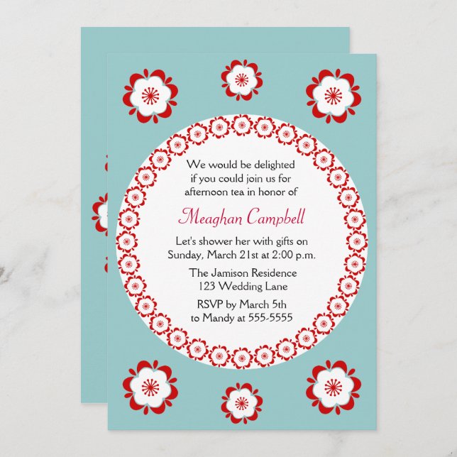 Floral Garland Teal Red Bridal Shower Invitation (Front/Back)
