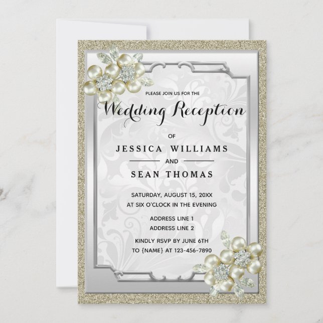 Floral Gem Framed, Gold & Silver Wedding Reception Invitation (Front)