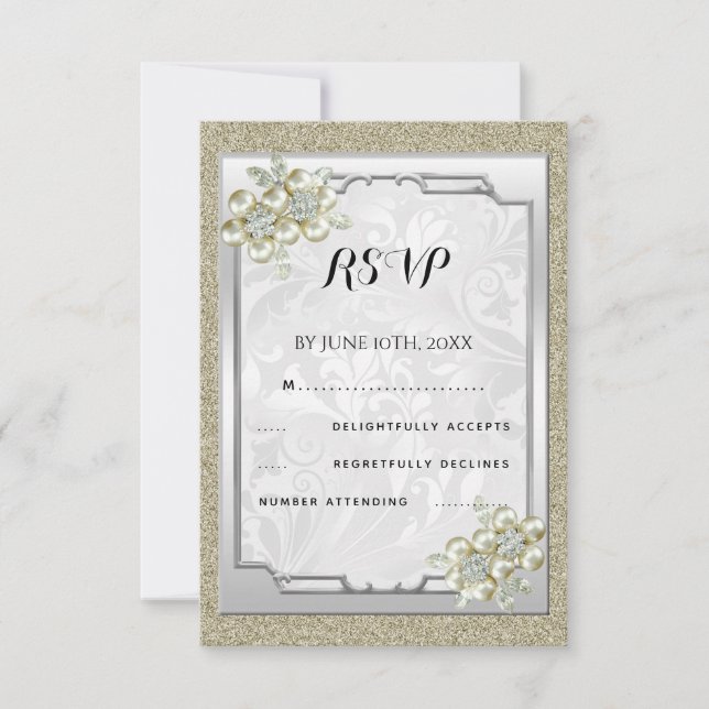 Floral Gem Framed, Gold & Silver Wedding RSVP Card (Front)