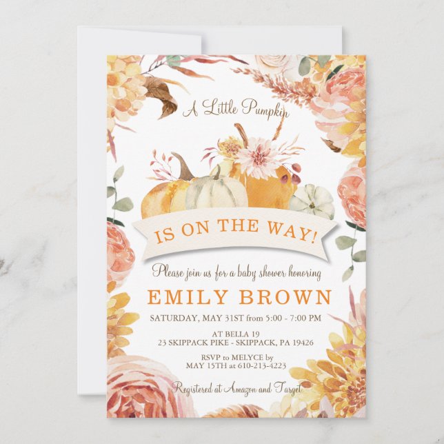 Floral Gender Neutral Little PUMPKIN BABY SHOWER Invitation (Front)