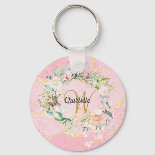Floral Geode Agate Gold Script Monogram  Key Ring
