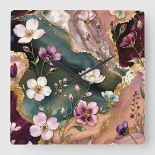 Floral Geode Stained Glass Style Wall Clock