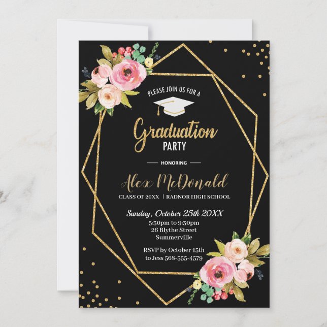 Floral Geometric Black and Gold Graduation Party Invitation (Front)