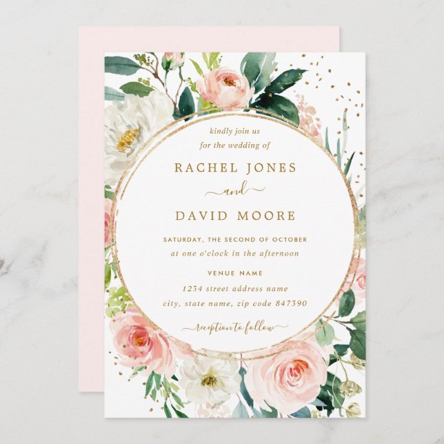 Floral Geometric Blush Gold Wedding Invitation (Front/Back)