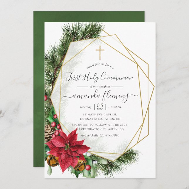 Floral Geometric Christmas Holy Communion Invitation (Front/Back)