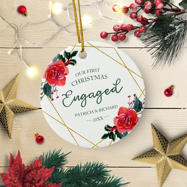 Floral Geometric Our First Christmas Engaged Ceramic Tree Decoration (Creator Uploaded)