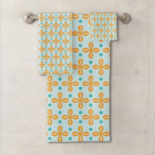 Floral Geometric Pattern Orange, Aqua and Teal Bath Towel Set