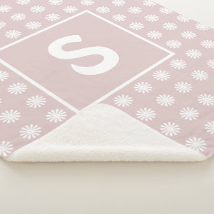 Floral Geometric Pattern Single Initial Girly Pink Sherpa Blanket
