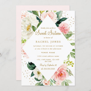 Floral Geometric Pink Blush Gold Sweet Sixteen Invitation