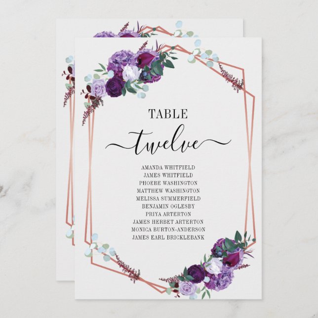 Floral Geometric Purple Bloom Wedding Seating Card (Front/Back)