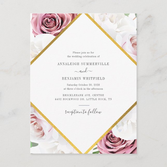 Floral Geometric Rose Gold Botanical Wedding Invitation Postcard (Front)