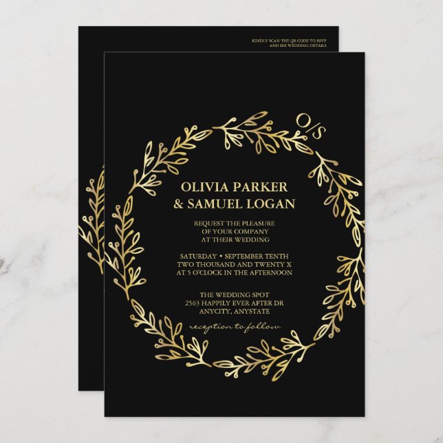 Floral Geometrical,QR Code,Monogram Photo Wedding  Invitation (Front/Back)