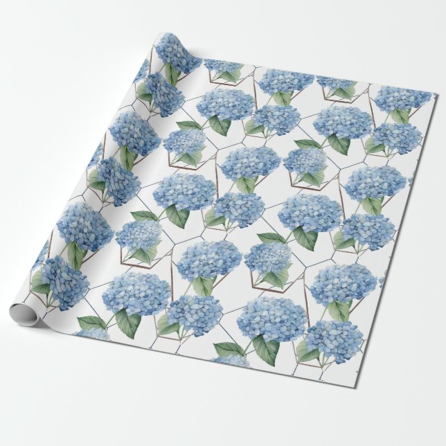 Floral Geometrics - Blue & White Hydrangeas Wrapping Paper (Unrolled)
