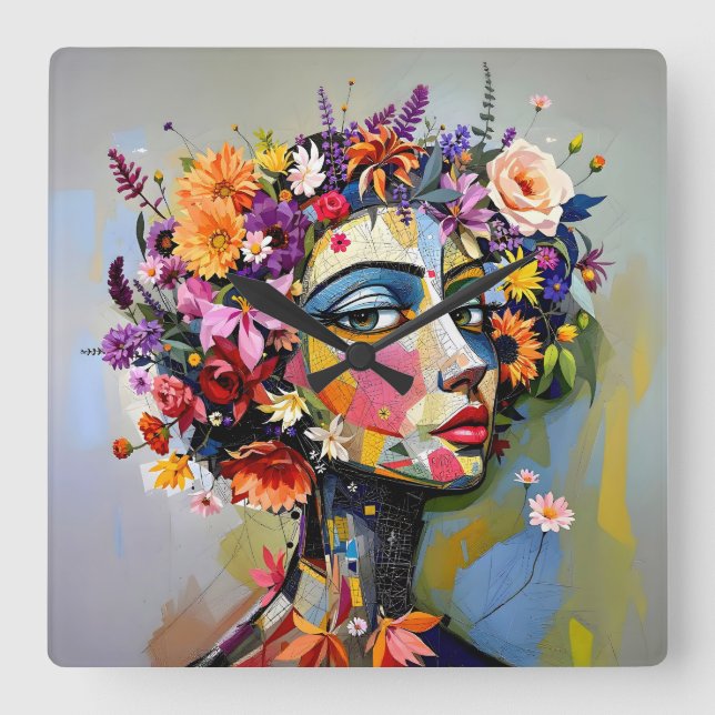 "Floral Geometry" – A Botanical Portrait Square Wall Clock (Front)