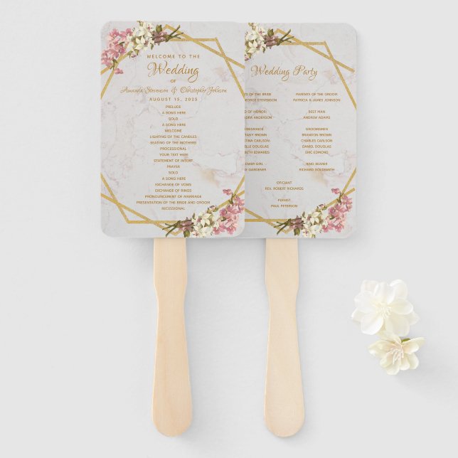 Floral Geometry Marble Gold Orchid Wedding Program Hand Fan (Front and Back)