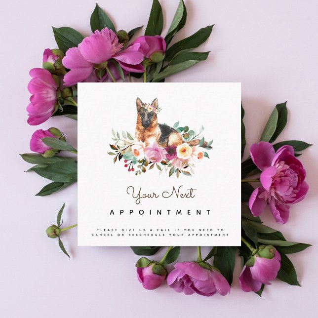 Floral German Shepherd Salon Appointment Reminder Square Business Card (Creator Uploaded)