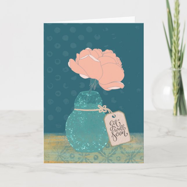 Floral “Get Well Soon” Card with Teal Vase  (Front)