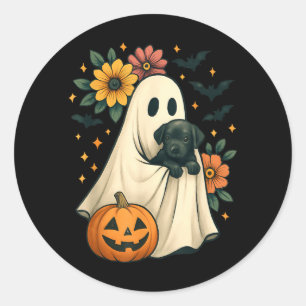 Floral Ghost Black Dog Coquette Funny Halloween Classic Round Sticker
