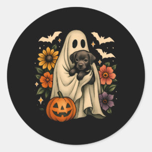 Floral Ghost Black Dog Coquette Funny Halloween Classic Round Sticker