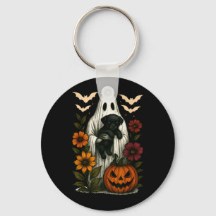 Floral Ghost Black Dog Coquette Funny Halloween Key Ring