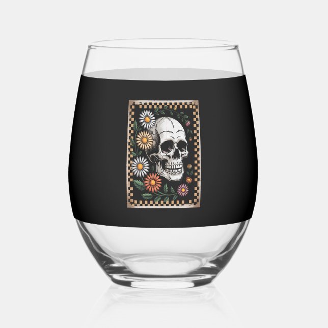 Floral Ghost Fall Boho Halloween 2 Stemless Wine Glass (Front)