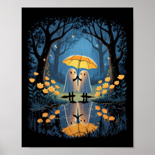 Floral Ghost Holds Umbrella Couple Spooky Season W Poster