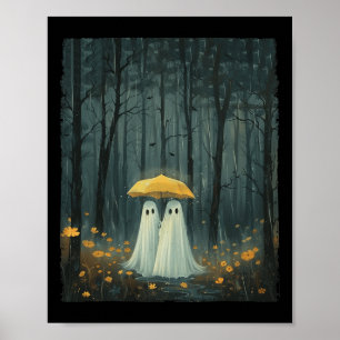 Floral Ghost Holds Umbrella Couple Spooky Season W Poster