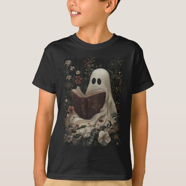 Floral Ghost Reading Book Halloween Costume Gothic T-Shirt (Front)