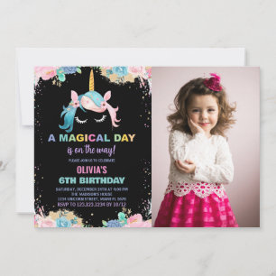 Floral Gillter Unicorn Birthday Invitations photo