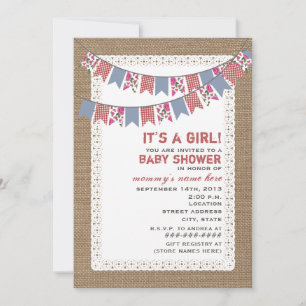 Floral & Gingham Bunting Burlap Inspired Girl Baby Invitation