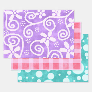 Floral Gingham Dots Multi-Color Pattern Decoupage Wrapping Paper Sheet
