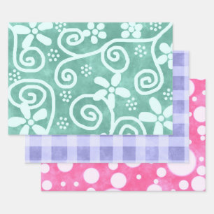Floral Gingham Dots Multi-Color Pattern Decoupage Wrapping Paper Sheet