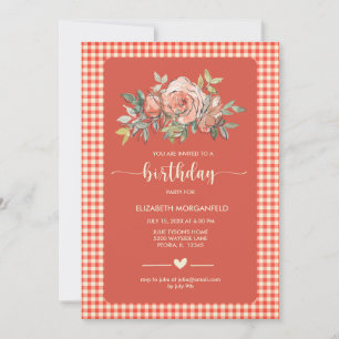 Floral Gingham Plaid Happy Birthday Party Invitation