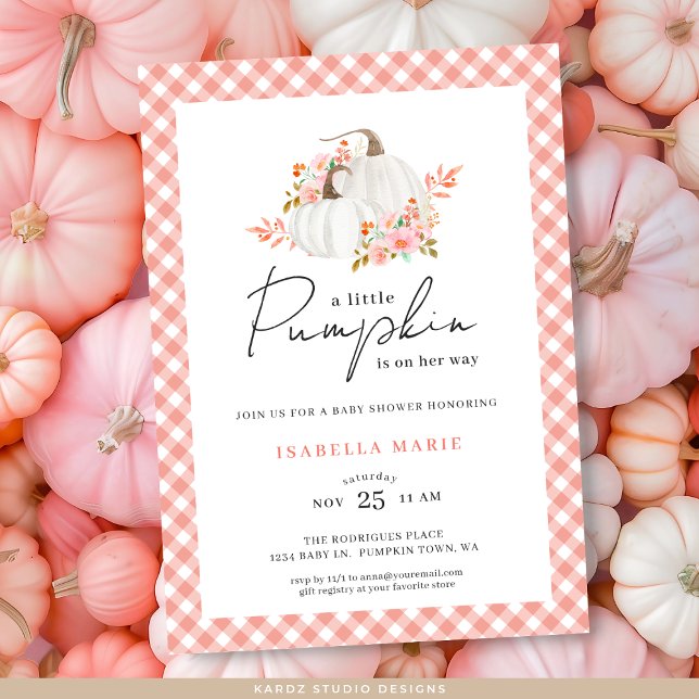 Floral Gingham Watercolor A Little Pumpkin Shower Invitation (Invite shown in 5 x 7 inches, choose size, paper, and corner style.
)