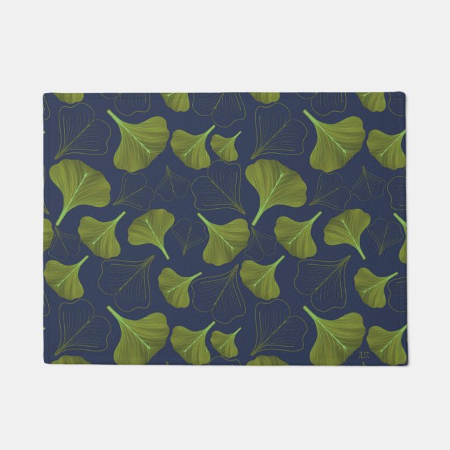Floral Gingko Leaf Blue Pattern Doormat (Front)