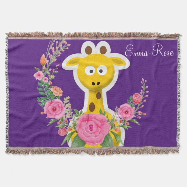 Floral Giraffe Pink Roses Purple Throw Blanket (Front)