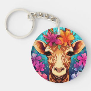 Floral Giraffe Portrait-93132 Key Ring