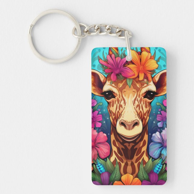 Floral Giraffe Portrait-93132 Key Ring (Front)