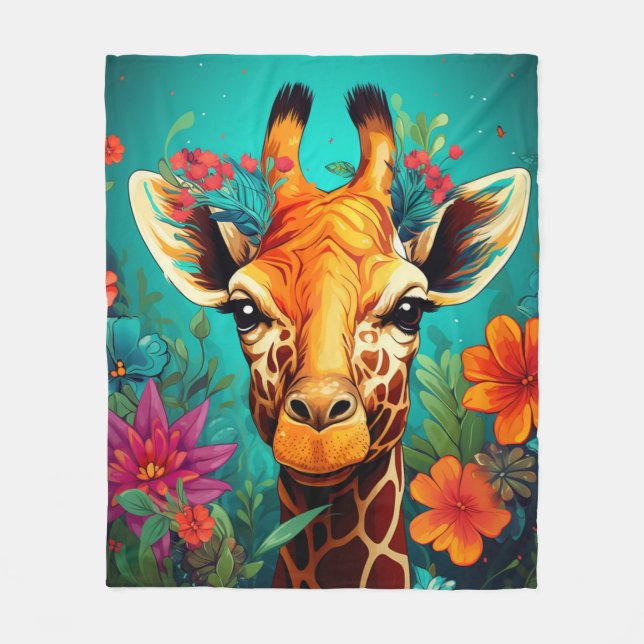 Floral Giraffe Portrait-9319 Fleece Blanket (Front)