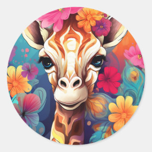 Floral Giraffe Portrait-9321 Classic Round Sticker