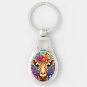 Floral Giraffe Portrait-9321 Key Ring