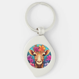 Floral Giraffe Portrait-9321 Key Ring