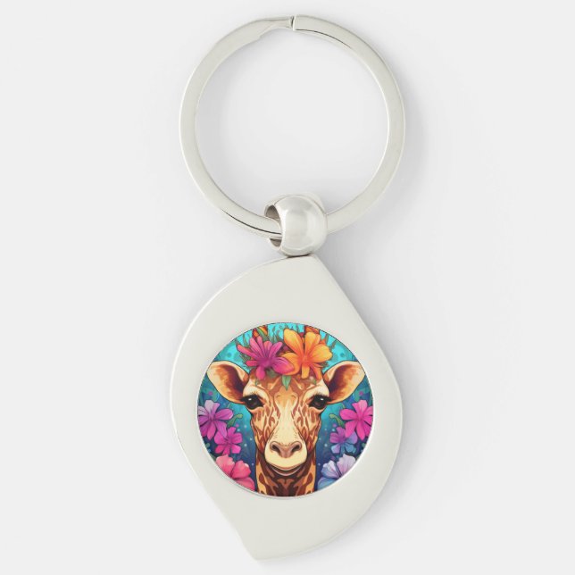 Floral Giraffe Portrait-9321 Key Ring (Front)