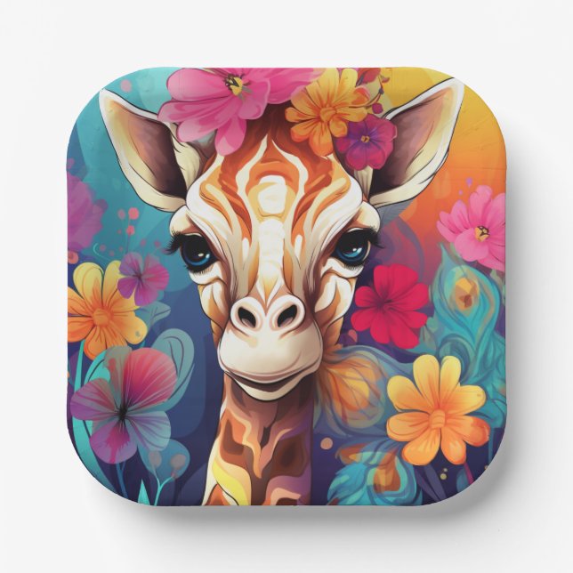 Floral Giraffe Portrait-9321 Paper Plate (Front)
