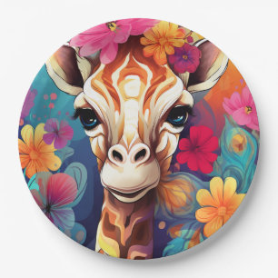 Floral Giraffe Portrait-9321 Paper Plate