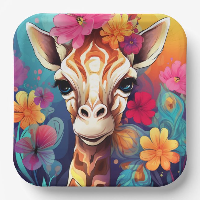 Floral Giraffe Portrait-9321 Paper Plate (Front)